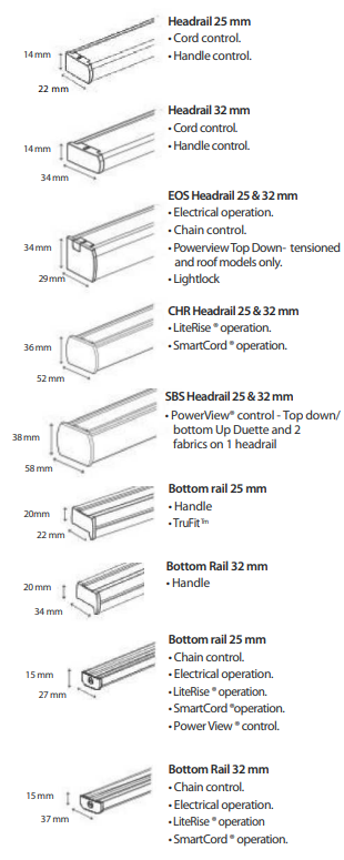 Duette Headrail and bottom rails sizes