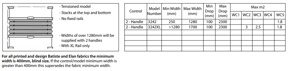 Duette Model 3242 size table.